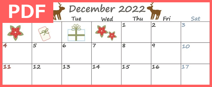 可愛いカレンダー 無料ダウンロード 印刷が可能 22年12月 用のイラスト入りpdf形式のカレンダー