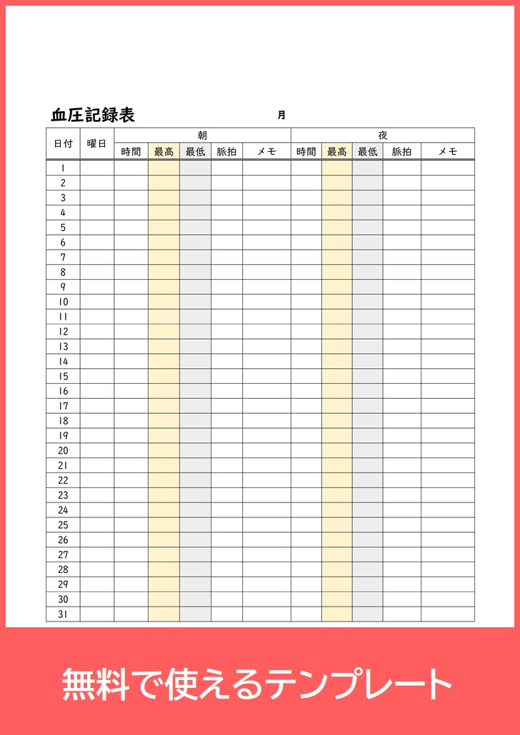 血圧記録表の無料テンプレートをダウンロード